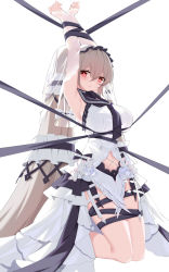 Rule 34 | 1girl, absurdly long hair, absurdres, armpits, azur lane, bdsm, black choker, black neckwear, black ribbon, black sailor collar, bondage, bound, bow, breasts, choker, clothing cutout, detached sleeves, dress, dress bow, feather dress, formidable (azur lane), formidable (timeless classics) (azur lane), full body, highres, kneeling, large breasts, light brown hair, long hair, looking at viewer, navel cutout, official alternate costume, red eyes, ribbon, rx7649, sailor collar, see-through, see-through sleeves, simple background, solo, twintails, two-tone dress, two-tone ribbon, veil, very long hair, white background, white dress