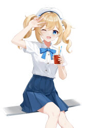 Rule 34 | 105961, 1girl, ;d, absurdres, alternate costume, arm up, barbara (genshin impact), beret, blonde hair, blue bow, blue eyes, blue skirt, blush, bow, chinese commentary, collared shirt, commentary, cup, dress shirt, drinking straw, english commentary, eyelashes, feet out of frame, genshin impact, glass, hair between eyes, hair intakes, hand up, happy, hat, high-waist skirt, highres, holding, holding cup, long hair, looking at viewer, mixed-language commentary, one eye closed, open mouth, pleated skirt, school uniform, shirt, short sleeves, sitting, skirt, smile, solo, twintails, v, v over head, wavy hair, white hat, white shirt