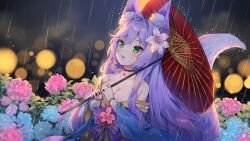 Rule 34 | 1girl, :d, animal ear fluff, animal ears, black choker, blue flower, blue kimono, breasts, cheli (kso1564), choker, cleavage, collarbone, copyright request, fangs, flower, fox ears, fox girl, fox tail, green eyes, hair between eyes, hair flower, hair intakes, hair ornament, highres, holding, holding umbrella, hydrangea, japanese clothes, kimono, large breasts, long hair, off shoulder, oil-paper umbrella, open mouth, pink flower, purple hair, rain, red umbrella, smile, solo, tail, umbrella, very long hair, virtual youtuber, white flower