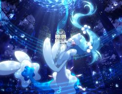 Rule 34 | blue theme, commentary request, creature, creatures (company), eyelashes, full body, game freak, gen 7 pokemon, long hair, maiko (mimi), music, musical note, nintendo, no humans, open mouth, pokemon, pokemon (creature), primarina, singing, solo, tagme, underwater, water, window