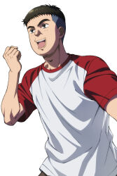 Rule 34 | 1boy, black eyes, black hair, bowl cut, clenched hand, closed mouth, ears, fade (haircut), hand up, initial d, light blush, looking to the side, male focus, nose, official art, open mouth, red shirt, shin gekijouban initial d, shirt, short hair, short sleeves, simple background, smile, solo, standing, t-shirt, takeuchi itsuki, teeth, upper teeth only, white background, white shirt