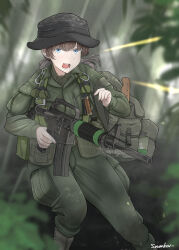 Rule 34 | 1girl, ammunition pouch, artist name, assault rifle, backpack, bag, blue eyes, boonie hat, boots, breasts, brown footwear, brown hair, commentary, english commentary, explosive, feet out of frame, fingernails, green bag, green jacket, green pants, grenade, gun, hand up, highres, holding, holding weapon, jacket, knife sheath, load bearing vest, long hair, looking at viewer, m16, m18 grenade, macv-sog, medium breasts, military uniform, open mouth, original, outdoors, pants, pants tucked in, pouch, projectile trail, rifle, savankov, sheath, smoke grenade, smoke trail, solo, teeth, trigger discipline, uniform, united states army, vietnam war, weapon