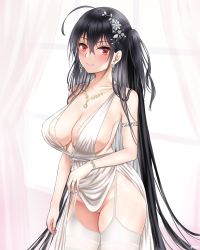 Rule 34 | 1girl, absurdres, azur lane, black hair, blush, breasts, cleavage, cleft of venus, dress, highres, large breasts, lifted by self, long hair, looking at viewer, no panties, official alternate costume, plunging neckline, pussy, pussy peek, red eyes, smile, solo, taihou (azur lane), taihou (temptation on the sea breeze) (azur lane), white dress, yayanri