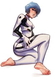 1girl ankaeverlasting ayanami_rei barefoot blue_hair bodysuit feet full_body hand_on_own_thigh kneeling leg_up looking_at_viewer mecha_pilot_suit neon_genesis_evangelion plugsuit red_eyes short_hair skin_tight white_background white_bodysuit