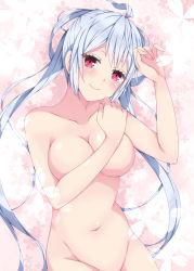 Rule 34 | 1girl, ahoge, blush, breasts, cleavage, closed mouth, collarbone, groin, long hair, matoi (pso2), medium breasts, milkpanda, navel, nude, out-of-frame censoring, phantasy star, phantasy star online 2, pink eyes, silver hair, smile, solo, twintails, very long hair