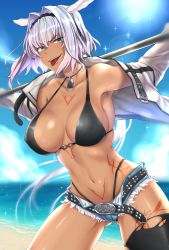 Rule 34 | 1girl, absurdres, animal ears, bare shoulders, beach, belt, bikini, bikini under clothes, black bikini, blue eyes, breasts, caenis (fate), chain, chain necklace, chumugi, cleavage, cloud, cloudy sky, commentary request, cowboy shot, dark-skinned female, dark skin, day, denim, denim shorts, dog tags, fate/grand order, fate (series), gluteal fold, grin, hair intakes, hairband, highleg, highleg bikini, highres, jacket, jewelry, large breasts, legs apart, long hair, long sleeves, micro shorts, navel, necklace, ocean, outdoors, polearm, short shorts, shorts, single thighhigh, sky, smile, solo, standing, studded belt, swimsuit, tattoo, thighhighs, tongue, tongue out, weapon, white hair, white jacket