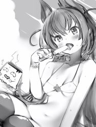 Rule 34 | 1girl, animal ears, bad id, bad pixiv id, bikini, blush, breasts, covered erect nipples, food, greyscale, head tilt, highres, hirasaka mei (vtuber), indie virtual youtuber, long hair, looking at viewer, monochrome, nanashi (nlo), navel, popsicle, pudding, small breasts, solo, sweat, swimsuit, thighhighs, virtual youtuber