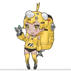 Rule 34 | 1girl, blonde hair, ghost in the shell, highres, kemono friends, looking at viewer, official art, short hair, simple background, solo, tachi-e, tachikoma type-b (kemono friends), weapon, yellow eyes, yoshizaki mine