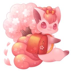 Rule 34 | backpack, bag, bag charm, blush, bow, charm (object), cherry blossoms, full body, gen 1 pokemon, looking at viewer, looking to the side, lowres, multiple tails, no humans, petals, pokemon, pokemon (creature), purple eyes, randoseru, red bow, simple background, tail, ten&#039;on (amane09), tree, vulpix, white background
