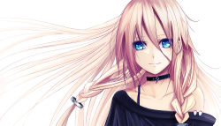 Rule 34 | 1girl, black shirt, blonde hair, blue eyes, braid, closed mouth, collar, collarbone, floating hair, hair between eyes, hair ornament, ia (vocaloid), long hair, off-shoulder shirt, off shoulder, portrait, shirt, simple background, smile, solo, very long hair, vocaloid, white background, yuhack