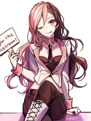 Rule 34 | 1girl, bad id, bad twitter id, ecru, english text, crossed legs, multicolored hair, necktie, neo politan, one eye closed, rwby, signpost, solo, split-color hair, tongue, tongue out