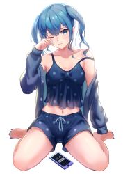 Rule 34 | 1girl, alternate costume, alternate hairstyle, barefoot, blue camisole, blue eyes, blue nails, blue shorts, blue sweater, boku no edamame, camisole, cellphone, closed mouth, collarbone, drawstring, hand up, highres, hololive, hoshimachi suisei, long hair, looking at viewer, midriff, nail polish, navel, one eye closed, pajamas, phone, polka dot, polka dot shirt, polka dot shorts, raised eyebrows, rubbing eyes, shirt, short shorts, shorts, sidelocks, simple background, single bare shoulder, sitting, sleepwear, sleepy, sleeves past wrists, smartphone, solo, star (symbol), star in eye, strap slip, sweater, symbol in eye, toenail polish, toenails, twintails, virtual youtuber, waking up, wariza, white background