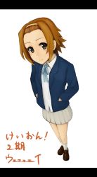 Rule 34 | 1girl, brown eyes, brown hair, chelle ingham, full body, hairband, hands in pockets, highres, k-on!, letterboxed, loafers, perspective, pleated skirt, school uniform, shoes, short hair, simple background, skirt, solo, tainaka ritsu