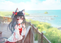 Rule 34 | 1girl, animal ears, bad id, bad pixiv id, bare shoulders, bell, black hair, cat ears, cat girl, cat tail, criss-cross halter, dress, hair bell, hair ornament, hair ribbon, halterneck, highres, long hair, looking at viewer, ocean, original, outdoors, plant, potted plant, red eyes, ribbon, solo, sxbzero, tail
