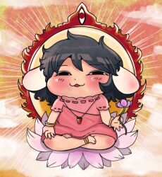 Rule 34 | &lt;o&gt; &lt;o&gt;, 1girl, :3, animal ears, barefoot, black hair, blush, carrot necklace, chibi, commentary request, dress, east (eastbighelp), flat chest, floppy ears, flower, full body, inaba tewi, jewelry, looking at viewer, lotus, lotus pedestal, lotus position, medium bangs, medium hair, mudra, necklace, on flower, open mouth, pink dress, pink flower, rabbit ears, rabbit girl, ribbon-trimmed dress, smile, smug, solo, touhou, vitarka mudra, wavy hair