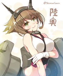 Rule 34 | 10s, 1girl, breasts, brown hair, gloves, green eyes, headgear, huyukaaki, kantai collection, large breasts, mutsu (kancolle), smile, solo, twitter username, white gloves