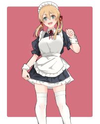 Rule 34 | alternate costume, apron, aqua eyes, black dress, blonde hair, dress, enmaided, frilled apron, frilled dress, frills, garter straps, highres, kantai collection, long hair, low twintails, maid, maid apron, maid headdress, mochizou, open mouth, prinz eugen (kancolle), puffy short sleeves, puffy sleeves, red background, short sleeves, thighhighs, twintails, waist apron, white apron, white background, white thighhighs, wrist cuffs