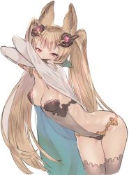Rule 34 | 10s, 1girl, animal ears, bent over, blonde hair, breasts, cape, erune, granblue fantasy, hair ornament, long hair, metera (granblue fantasy), natsuhiko, small breasts, solo, thighhighs, twintails