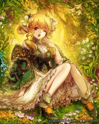 Rule 34 | 1girl, absurdres, ahoge, anklet, bare shoulders, black eyes, blonde hair, bow, copyright name, curly hair, detached sleeves, dress, fantasy, fingerless gloves, flower, frills, full body, gloves, grass, hair flower, hair ornament, high heels, highres, jewelry, knees together feet apart, lace, lee hyeseung, one eye closed, open mouth, plant, pointy ears, seikon no arcana, sitting, solo, tree