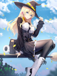 Rule 34 | 1girl, arm support, artist name, bag, black dress, black hat, black pantyhose, blonde hair, blue eyes, blush, boots, braid, breasts, broom, broom riding, commentary request, cross-laced footwear, day, dress, feet out of frame, hair between eyes, hair ribbon, hand on headwear, hand up, hat, heart, highres, lace-up boots, long hair, long sleeves, looking at viewer, medium breasts, original, outdoors, pantyhose, parted lips, petals, pink ribbon, puffy long sleeves, puffy sleeves, ribbon, ririko (zhuoyandesailaer), saegusa futaba, sitting, solo, very long hair, watermark, white footwear, witch, witch hat