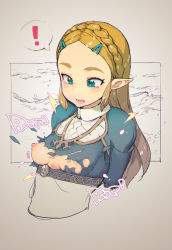 Rule 34 | !, 1girl, blonde hair, braid, breasts, commentary request, forehead, green eyes, highres, looking down, mg no29, namaniku atk, nintendo, nipples, pointy ears, princess zelda, small breasts, solo, spoken exclamation mark, surprised, the legend of zelda, the legend of zelda: breath of the wild, thick eyebrows, torn clothes