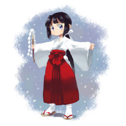 Rule 34 | 1girl, bad id, bad pixiv id, black hair, blue eyes, gohei, hachi (8bit canvas), hair ribbon, highres, japanese clothes, long hair, miko, oonusa, original, outstretched arms, ponytail, ribbon, sandals, shide, smile, solo, spread arms, tabi