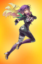 Rule 34 | 1girl, bodysuit, boots, breasts, cleavage, commentary request, cross-laced clothes, gloves, gradient hair, high heel boots, high heels, highres, hijiri byakuren, large breasts, long hair, looking at viewer, multicolored hair, namusanbou, purple hair, simple background, smile, solo, syuri22, touhou, turbo byakuren, yellow background