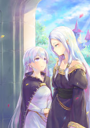 Rule 34 | 2girls, blue eyes, blue sky, breasts, cape, castle, cloud, collarbone, commentary request, day, dress, fire emblem, fire emblem: the binding blade, idunn (fire emblem), leaf, long hair, looking at another, medium breasts, multiple girls, nintendo, off-shoulder dress, off shoulder, pointy ears, purple cape, purple dress, purple eyes, purple hair, sky, sophia (fire emblem), unigon (kitsutsuki), very long hair