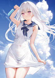 Rule 34 | 1girl, blue sky, blurry, blurry background, cloud, cloudy sky, covered navel, day, food, highres, long hair, looking at viewer, mignon, original, outdoors, popsicle, ribbon, shiro-chan (mignon), simple background, skirt hold, sky, solo
