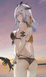 Rule 34 | 1girl, arknights, arm strap, armband, ass, bare arms, bare shoulders, bikini, blush, breasts, choker, commentary request, cowboy shot, feather hair, heart, heart-shaped pupils, highres, holding, holding staff, large breasts, long hair, looking at viewer, multi-strapped bikini, ocean, orange eyes, outdoors, owl ears, ptilopsis (arknights), ru zhai, silver hair, skindentation, sky, solo, staff, string bikini, swimsuit, symbol-shaped pupils, thighs, wet