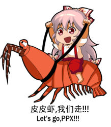 Rule 34 | 1girl, :d, bilingual, bow, chinese text, commentary request, english text, engrish text, fujiwara no mokou, hair bow, hair ribbon, jokanhiyou, long hair, meme, mixed-language text, multi-tied hair, open mouth, pants, pink hair, ranguage, red eyes, red pants, ribbon, shirt, short sleeves, shrimp, smile, solo, suspenders, touhou, translation request, white background, white shirt