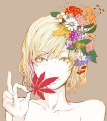 Rule 34 | 1girl, aki shizuha, bad id, bad pixiv id, bare shoulders, blonde hair, daisy, eyelashes, female focus, fingernails, flower, hair flower, hair ornament, holding, leaf, lily (flower), looking at viewer, maki (huran), maple leaf, plant, portrait, rose, short hair, simple background, smile, solo, spider lily, touhou, yellow eyes