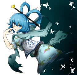 Rule 34 | 1girl, bad id, bad pixiv id, belt, blue background, blue dress, blue eyes, blue hair, breasts, bug, butterfly, dress, finger to face, floating, hagoromo, hair ornament, hair stick, insect, kaku seiga, kankan33333, looking at viewer, looking to the side, matching hair/eyes, open clothes, open vest, shawl, short sleeves, solo, touhou, two-tone background, vest, wall, white background