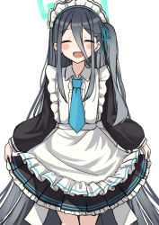 Rule 34 | 1girl, :d, ^ ^, alternate costume, apron, aris (blue archive), aris (maid) (blue archive), black dress, black hair, blue archive, blush stickers, closed eyes, commentary request, dress, enmaided, facing viewer, frilled apron, frilled dress, frills, grey hair, hair between eyes, halo, long hair, long hair between eyes, long sleeves, maid, maid headdress, mitsumine raimu, one side up, open mouth, pleated dress, puffy long sleeves, puffy sleeves, simple background, skirt hold, sleeves past wrists, smile, solo, teeth, upper teeth only, very long hair, white apron, white background