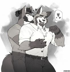 Rule 34 | 2boys, bara, beard, chest tuft, collared shirt, couple, cowboy shot, dannon 5, facial hair, fang, fang out, from side, full beard, greyscale, hair bun, happy, heart, highres, hug, hug from behind, kiss, kissing neck, large pectorals, light blush, male focus, mature male, monochrome, multiple boys, muscular, muscular male, one eye closed, original, pants, pectorals, profile, shirt, shirt tucked in, short hair, single hair bun, standing, thick beard, thick eyebrows, wolf boy, yaoi