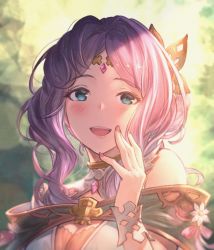 Rule 34 | 1girl, blush, breasts, choker, cleavage, commentary, fingernails, flower, forehead jewel, granblue fantasy, green eyes, hair intakes, hair ornament, hand up, highres, lennah, long hair, nail polish, open mouth, pink hair, pink nails, sassakntm, sidelocks, smile, solo, teeth, upper body, upper teeth only, wrist cuffs, wristband