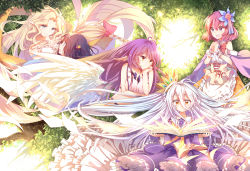 Rule 34 | + +, 10s, 3000 xiao chun, 5girls, absurdres, angel wings, backlighting, black hair, blonde hair, blue eyes, book, breasts, clammy zell, elf, feathered wings, feel nilvalen, flower, gradient hair, grimoire, hair flower, hair ornament, head rest, head tilt, highres, jibril (no game no life), leaf, long hair, low wings, magic circle, multicolored hair, multiple girls, no game no life, open book, open mouth, pink hair, plant, pointy ears, reading, red hair, shiro (no game no life), short hair, silver hair, smile, stephanie dora, sunlight, tareme, tree, upper body, white wings, wide-eyed, wings, yellow eyes