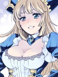 Rule 34 | 1girl, awilda (p&amp;d), blonde hair, blue dress, blue eyes, blush, breasts, cleavage, collarbone, detached collar, dress, frills, grin, hands on own hips, hat, ishiyumi, long hair, long sleeves, looking at viewer, md5 mismatch, mole, pirate hat, puffy long sleeves, puffy sleeves, puzzle &amp; dragons, smile, solo, tricorne, uneven eyes, upper body