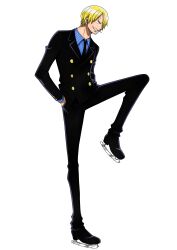 Rule 34 | 1boy, absurdres, blonde hair, cigarette, formal, full body, grin, highres, ice skates, leg up, official art, one piece, sanji (one piece), short hair, simple background, skates, smile, solo, standing, standing on one leg, suit, toei animation, white background