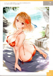 Rule 34 | 1girl, absurdres, arm support, artist name, ass, azur lane, bare shoulders, barefoot, beach, bikini, blonde hair, blush, braid, breast hold, breasts, butt crack, cleavage, closed mouth, collarbone, day, dimples of venus, earrings, flower, french braid, from behind, hair flower, hair ornament, halterneck, hibiscus, highres, jewelry, large breasts, light brown hair, lips, looking at viewer, nylon (nylon 100%), outdoors, page number, prince of wales (azur lane), red bikini, red eyes, scan, shiny skin, short hair, side-tie bikini bottom, side braid, sitting, smile, solo, swimsuit, twisted torso, untied bikini, water
