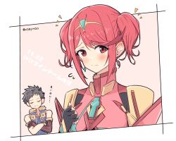 Rule 34 | 1boy, 1girl, alternate hairstyle, black gloves, blush, chest jewel, crossed arms, dated, earrings, embarrassed, fingerless gloves, gloves, highres, jewelry, mochimochi (xseynao), pink background, pyra (xenoblade), red eyes, red hair, rex (xenoblade), short hair, swept bangs, tiara, translation request, twintails, twitter username, upper body, white background, xenoblade chronicles (series), xenoblade chronicles 2