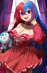 Rule 34 | 1girl, alear (female) (fire emblem), alear (fire emblem), alternate breast size, alternate costume, blue eyes, blue hair, blush, breasts, chocojax, cleavage, crossed bangs, dress, fire emblem, fire emblem engage, heart, heterochromia, highres, large breasts, long hair, looking at viewer, multicolored hair, nintendo, open mouth, red eyes, red hair, sketch, smile, solo, split-color hair, tiara, two-tone hair, very long hair