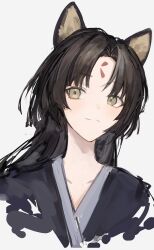 Rule 34 | 1girl, animal ears, arknights, black kimono, brown eyes, closed mouth, dog ears, facial mark, forehead mark, highres, japanese clothes, kimono, lch, looking at viewer, parted bangs, saga (arknights), simple background, smile, solo, split mouth, upper body, white background