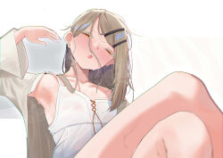 Rule 34 | 1girl, :o, absurdres, arm up, armpits, blush, brown hair, camisole, collarbone, commentary, crossed legs, english commentary, feet out of frame, gakuen idolmaster, half-closed eyes, head tilt, highres, idolmaster, kebohan, looking at viewer, robe, shinosawa hiro, sweat, sweaty clothes, white camisole, white robe