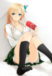 Rule 34 | 10s, 1girl, aqua eyes, black socks, blonde hair, boku wa tomodachi ga sukunai, breasts, bug, butterfly, butterfly hair ornament, cleavage, feet, hair ornament, handheld game console, insect, kashiwazaki sena, kneehighs, large breasts, long hair, looking at viewer, md5 mismatch, open mouth, panties, playstation portable, prime, resolution mismatch, school uniform, sitting, skirt, socks, solo, source larger, underwear, white panties