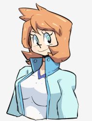 Rule 34 | 1girl, aqua eyes, blush, breasts, closed mouth, cowboy shot, creatures (company), game freak, jacket, large breasts, looking at viewer, misty (pokemon), nintendo, open clothes, open jacket, orange hair, pokemon, pokemon hgss, simple background, solo, swimsuit, viennais8, white background
