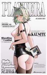 Rule 34 | 1girl, 2024, absurdres, animal ear fluff, animal ears, arknights, ass, black corset, black thighhighs, breasts, cat ears, character name, chinese commentary, commentary, corset, cover, cowboy shot, english commentary, english text, fake cover, from side, garter belt, garter straps, green eyes, green hair, highres, kal&#039;tsit (arknights), looking at viewer, looking to the side, medium breasts, mixed-language commentary, nipples, parted lips, solo, standing, stethoscope, thighhighs, yat (tsmn7245)