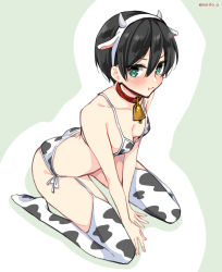 Rule 34 | animal ears, animal print, asazuki norito, bell, bikini, black hair, blush, breasts, chinese zodiac, cleavage, collar, commentary request, cow ears, cow horns, cow print, cowbell, fake animal ears, fake horns, full body, green eyes, hair between eyes, hairband, horns, neck bell, original, pout, short hair, side-tie bikini bottom, sitting, small breasts, solo, swimsuit, thighhighs, twitter username, wariza, year of the ox