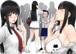 Rule 34 | 1girl, :d, armpits, bad id, bad pixiv id, bare shoulders, belt, between fingers, black hair, blush, bra, breasts, cleavage, condom, condom wrapper, faceless, faceless male, hair ornament, hairclip, holding, kneehighs, long hair, money, nail polish, necktie, open mouth, original, pink nails, prostitution, school uniform, shorts, smile, socks, solo, sweat, teeth, tongue, tongue out, underwear, undressing, white background, white bra, xter