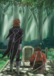 Rule 34 | 00s, 2boys, boots, brown hair, bush, fingerless gloves, flower, forest, from behind, gloves, grass, knee boots, kratos aurion, lloyd irving, male focus, multiple boys, nature, red hair, red shirt, saklo, sheath, sheathed, shirt, tales of (series), tales of symphonia, tombstone, tree